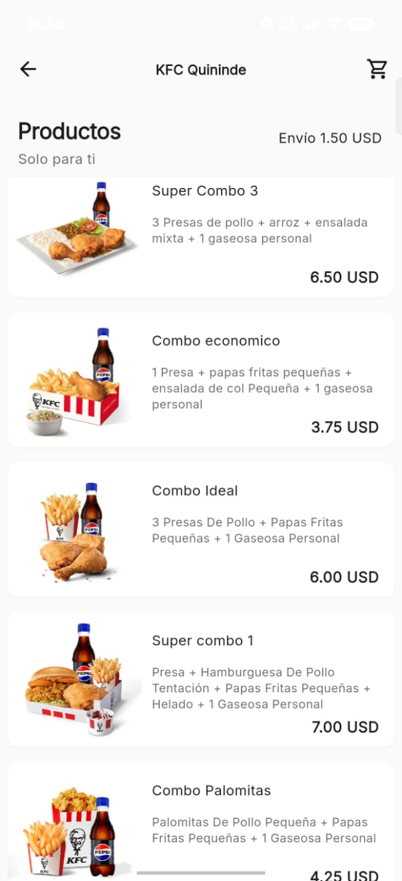 Catálogo de productos dentro de la aplicación QMandados