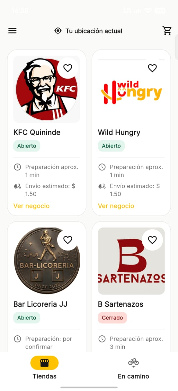 Pantalla de QMandados con restaurantes y comercios de Quinindé